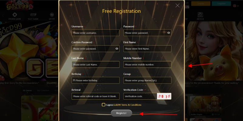 Fill information to Register at Gold99